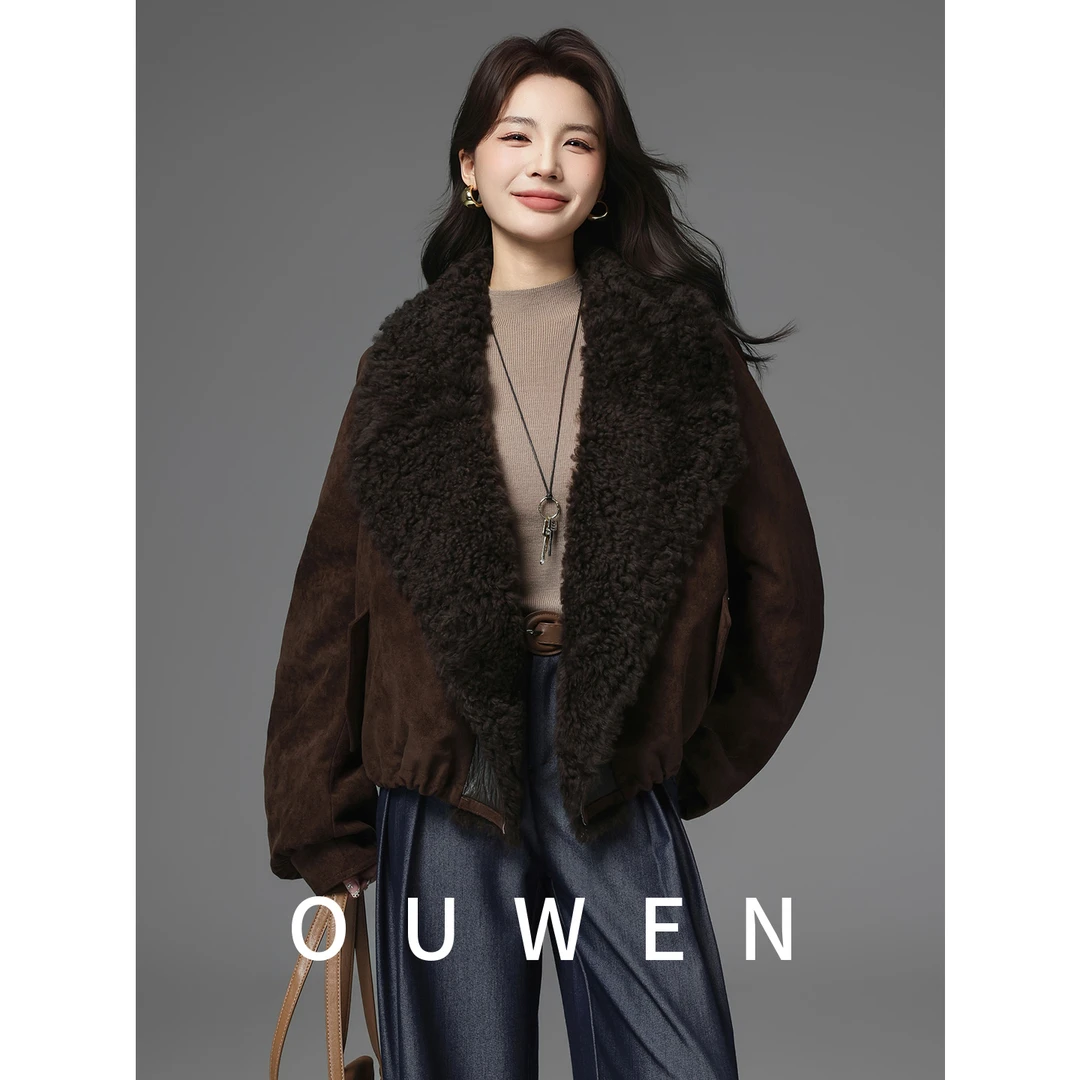 Ouwen 皮草鹅绒派克服 羊皮毛一体毛领女绒面高级感保暖外套