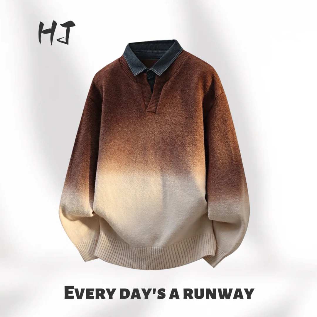 渐变色衬衫领针织衫男春秋冬季叠穿假两件毛衣男宽松保暖毛衫上衣