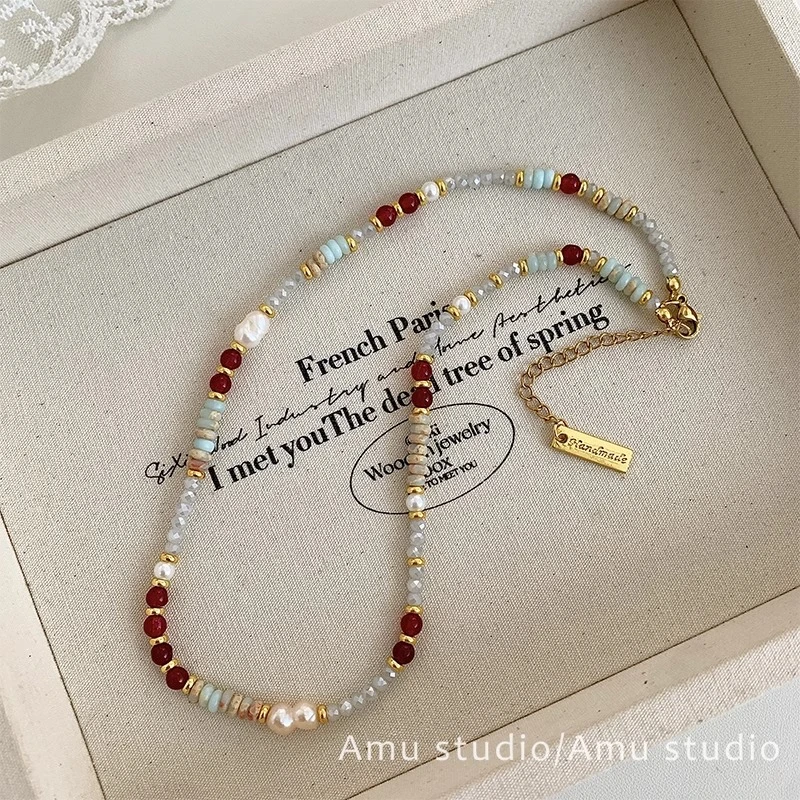 铜合金项链 夏日珠珠彩色多巴胺串珠项链女款轻奢复古锁骨链颈链