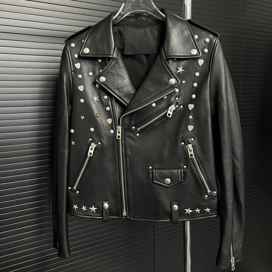 slp铆钉真皮皮衣短款时尚休闲欧美翻领