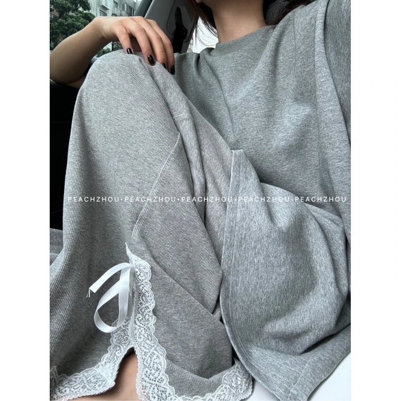 『PEACHZHOU』螺纹蕾丝花边系带宽松直筒休闲裤松紧腰设计感阔腿裤