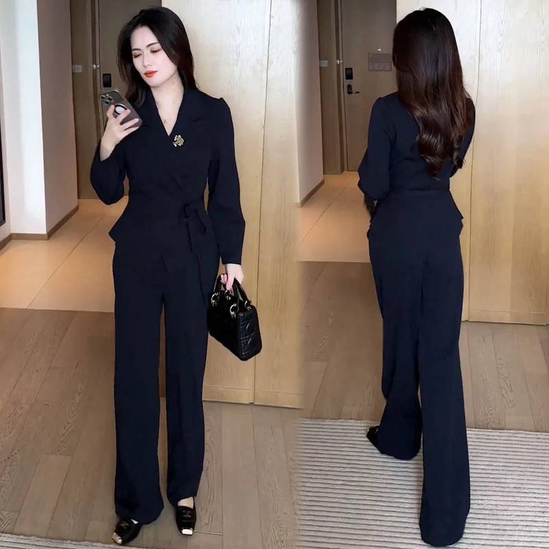 时尚套装女2025秋季新款洋气质系带休闲职业西装外套阔腿裤两件套