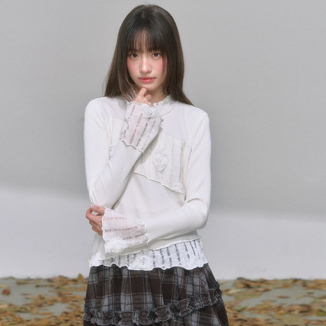 罐头士多所 '蕾丝序章'少女感立体蕾丝拼接上衣层级感秋季打底衫