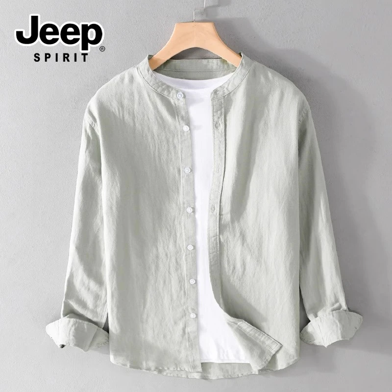 JEEPSPIRIT吉普男士棉麻衬衫夏季薄款宽松舒适日系休闲百搭长袖衫