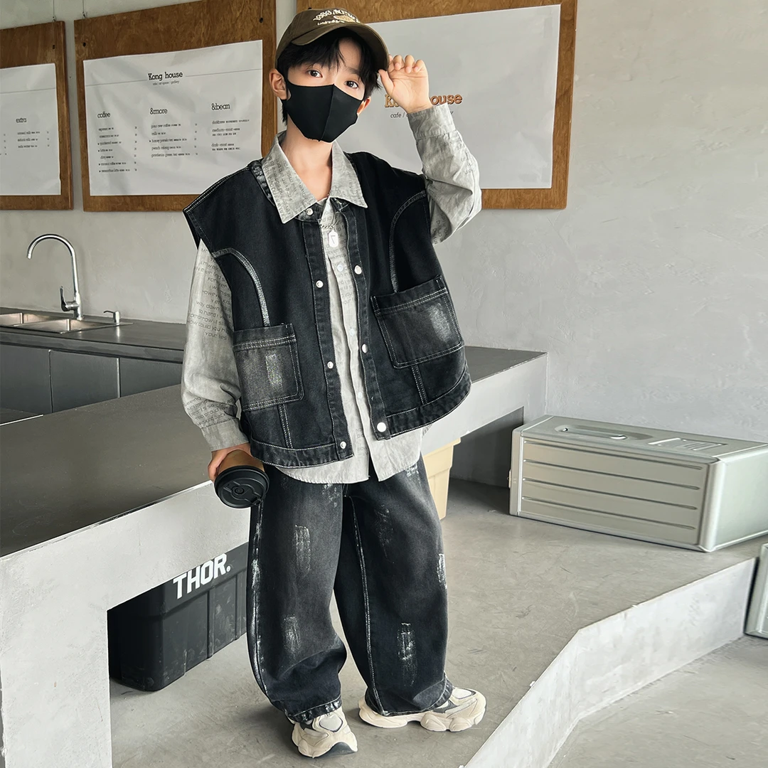 男童秋装套装2025新款儿童秋季牛仔马甲三件套大童男孩春秋款韩版