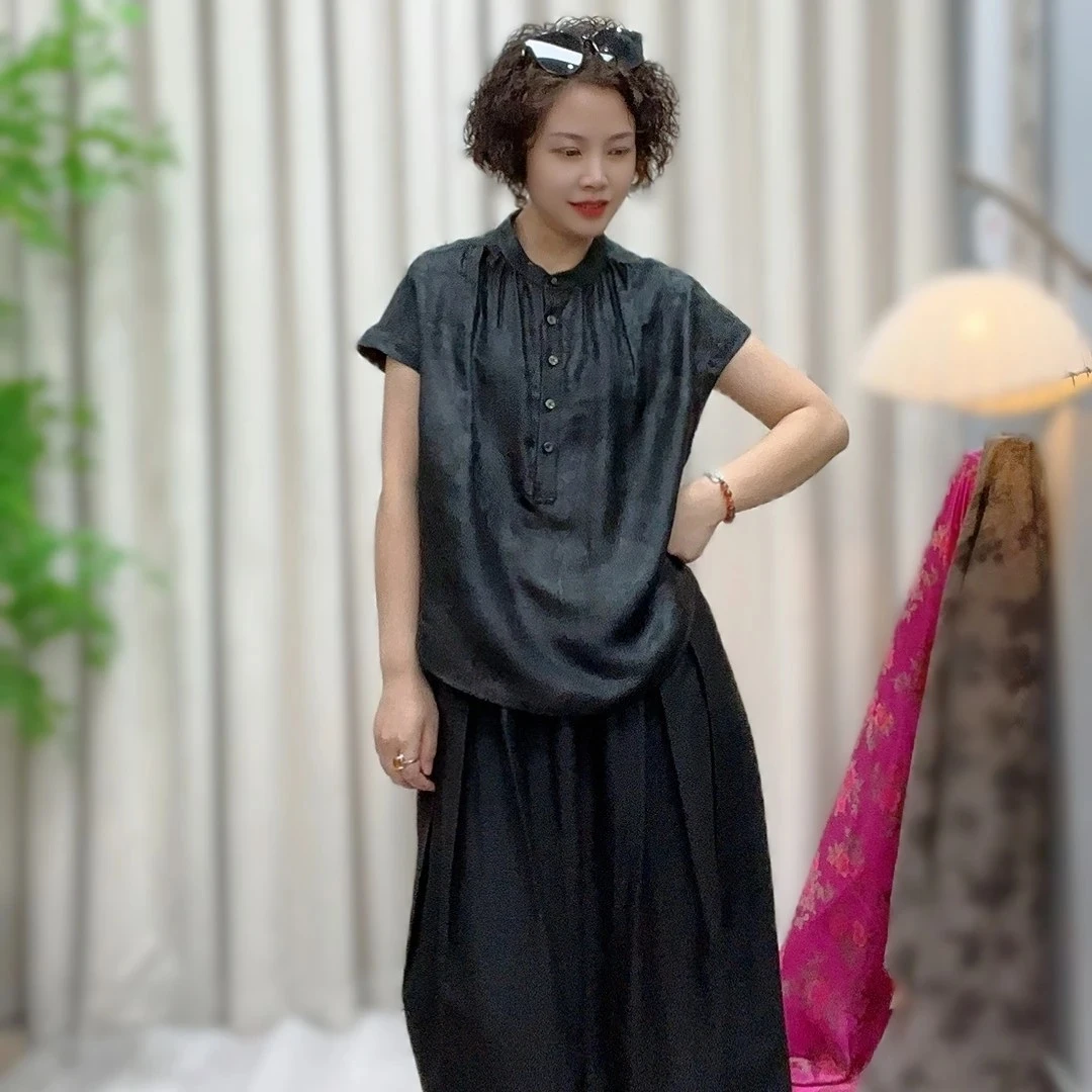 【杨锦丝绸】100桑蚕丝香云纱双面双穿宽松法式袖时尚国风衬衣25Z19