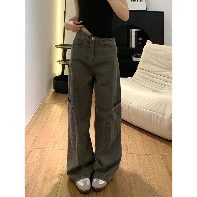 灰色阔腿微喇叭工装牛仔裤女2025秋季新款宽松高腰显瘦加长拖地裤