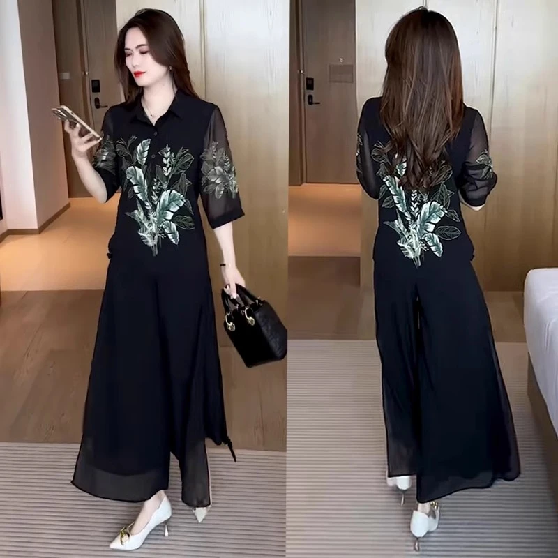 高级感气质套装女2025年夏季新款遮肚子显瘦中年妈妈装裙裤两件套