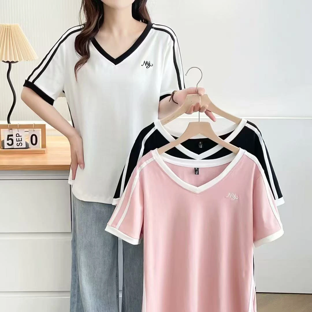 悦悦大码女装夏季新款时尚v领撞色条纹弹力显瘦百搭短袖T恤