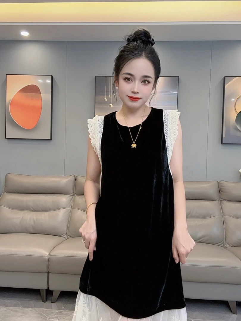 夏季针织拼接短袖长裙中长裙连衣裙黑色设计感假两件国风2907