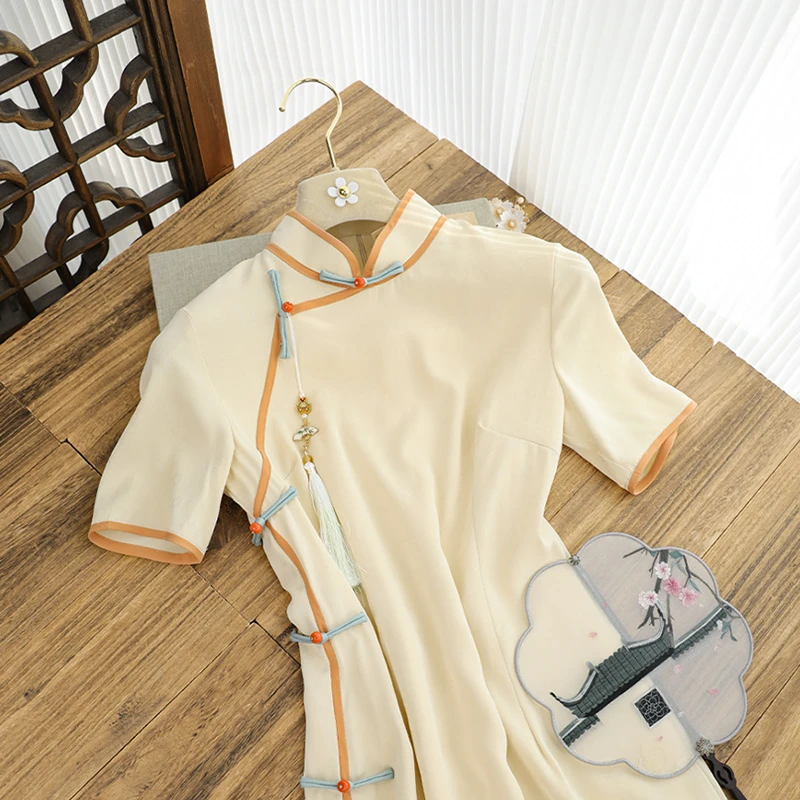 俏娘鱼2025年春夏新款改良新中式复古短袖旗袍女日常可穿国风素雅