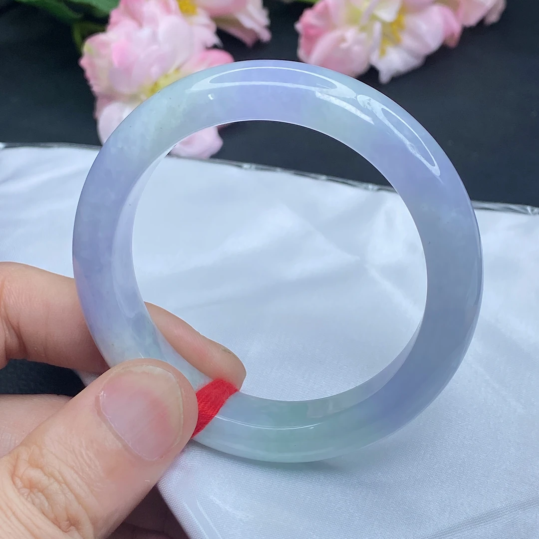 558 缅甸天然翡翠A货手镯 55圈冰润紫罗兰飘绿春彩玉镯正圈平安镯