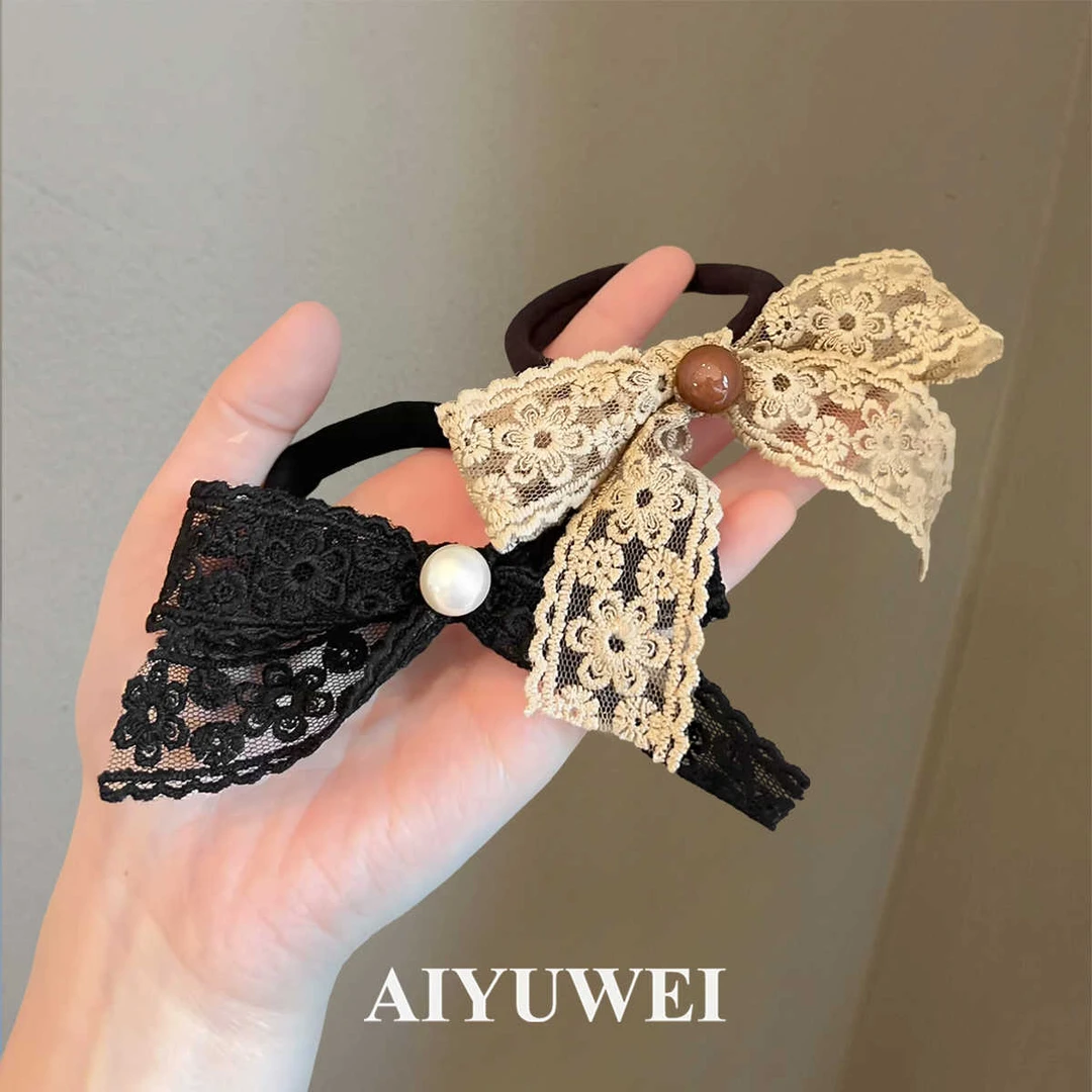 复古蕾丝花蝴蝶结发圈高品质弹力发绳2025新款气质扎马尾头绳发饰