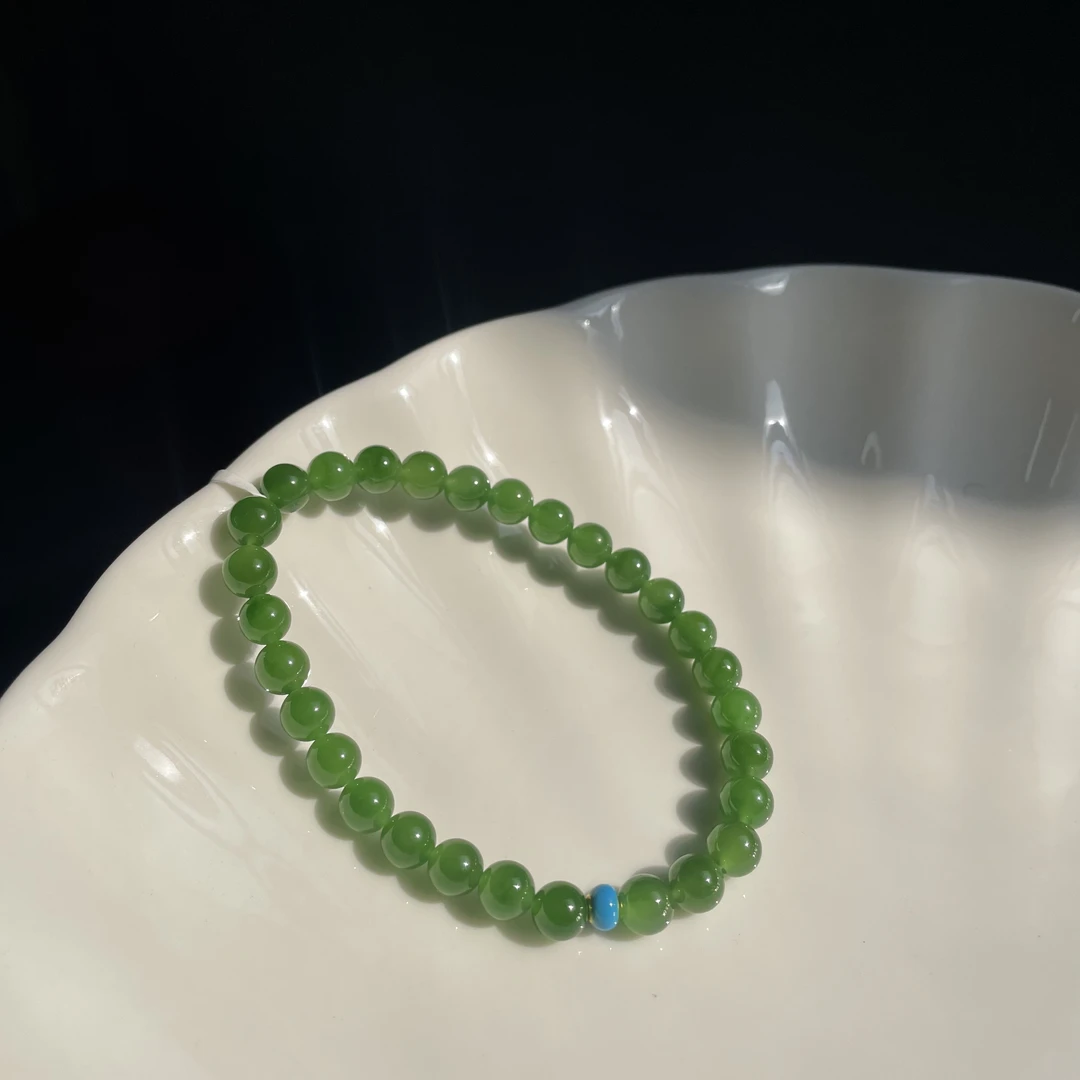 高品辣阳绿碧玉圆珠约6mm搭无氢珐琅足金手串