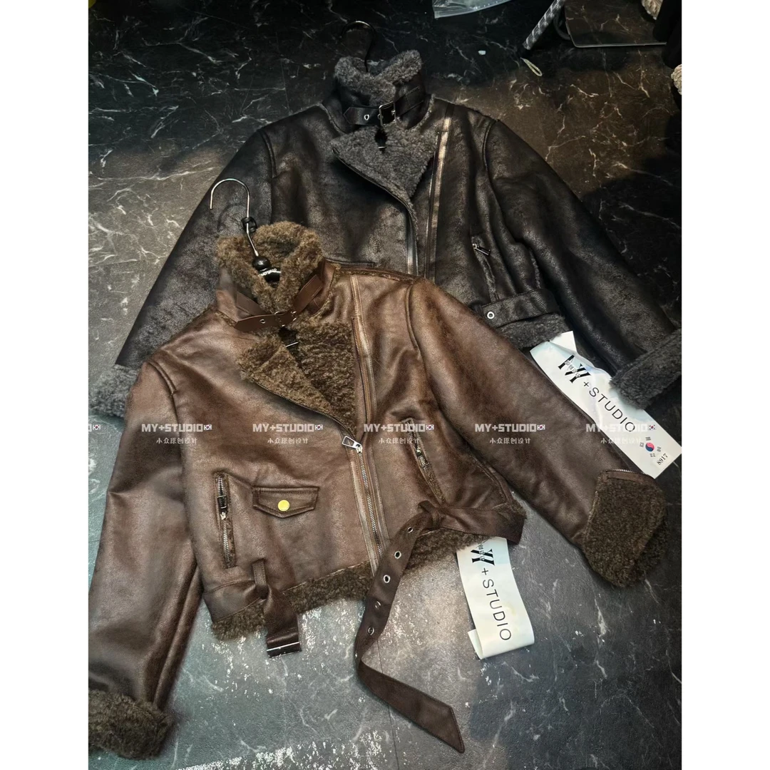 立领气质百搭洋气复古小众加绒皮毛一体短款机车外套