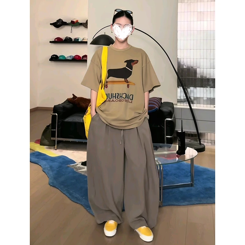 夏季美式短袖休闲宽松印花腊肠狗T恤中腰显瘦宽松百搭长裤