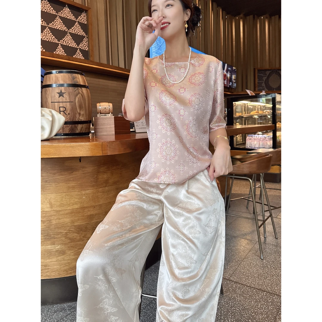 【深圳罗依】原创真丝衬衫女桑蚕丝宋锦花罗团花新中式圆领短袖上衣