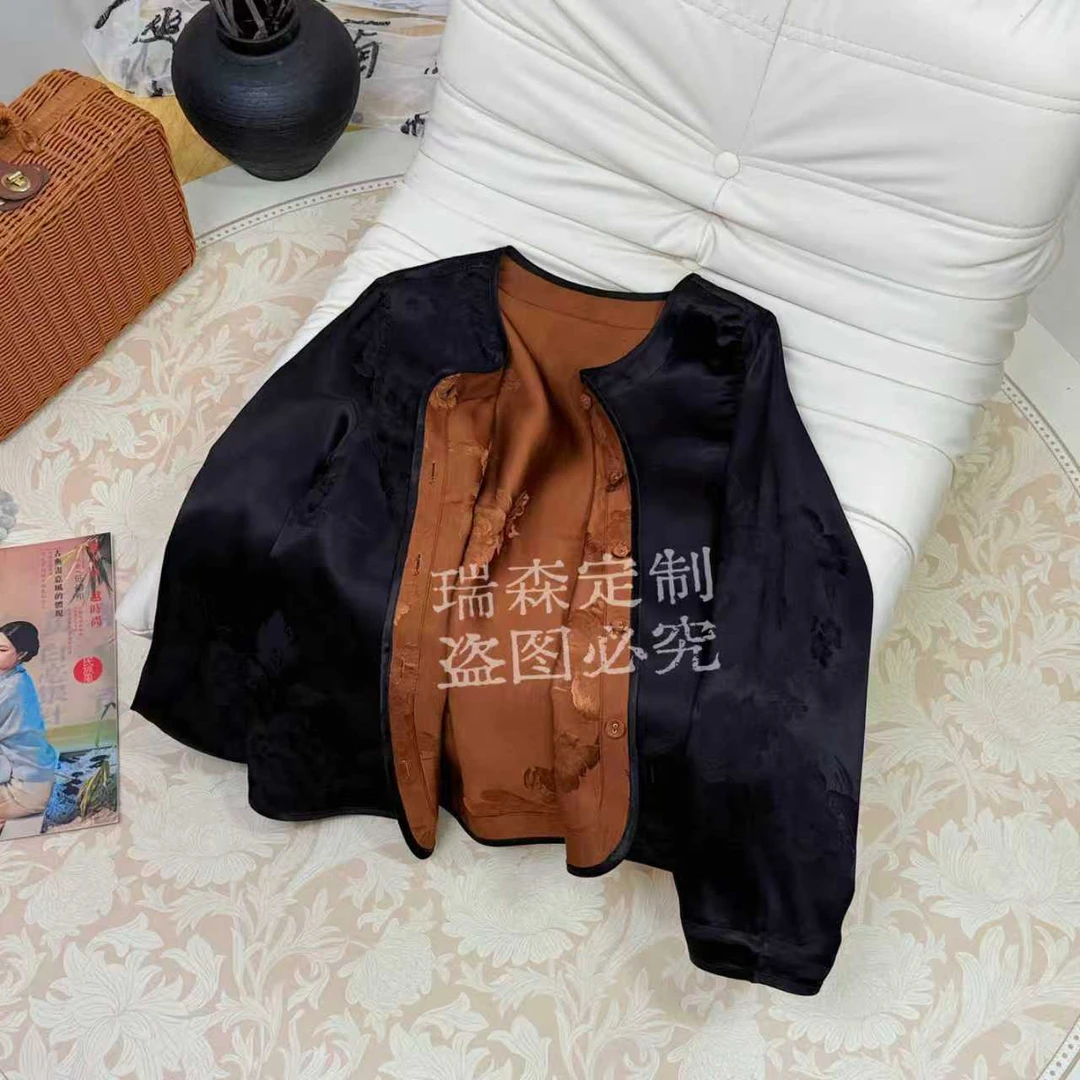 326中式盘扣黑色圆领油皮子老料开衫上衣-胸围96-衣长57