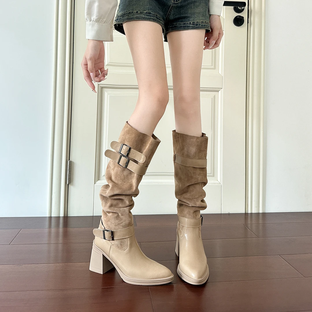 靴子女款2025新款秋季长筒靴美拉德高跟尖头高筒骑士堆堆靴