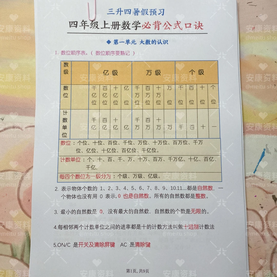中小学暑期练习册四年级上册数学通用版必背公式口诀+62个知识点