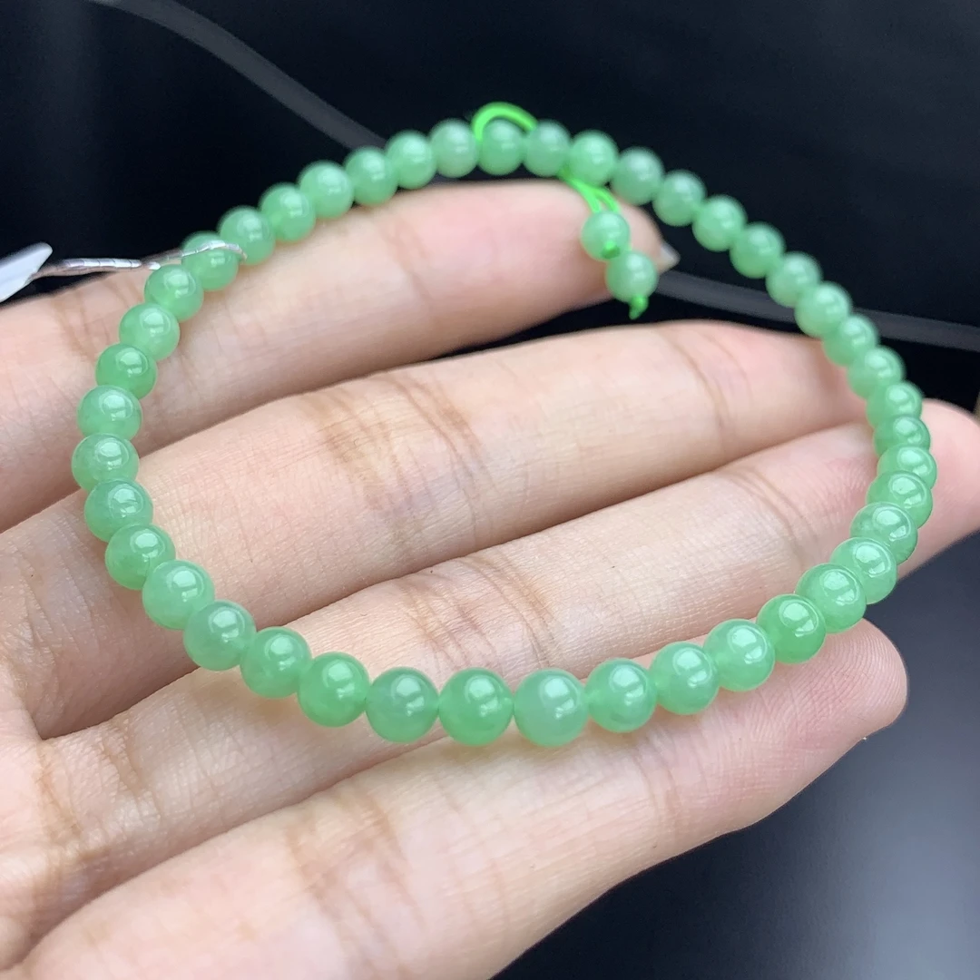 缅甸A货翡翠冰果绿色小米珠圆珠项链多圈长串T卡4.2mm