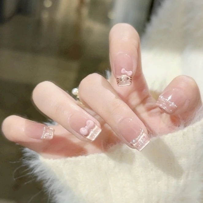 【桃气KT】三仟纯手工穿戴甲 法式边猫眼手绘KT 可爱网感显白美甲