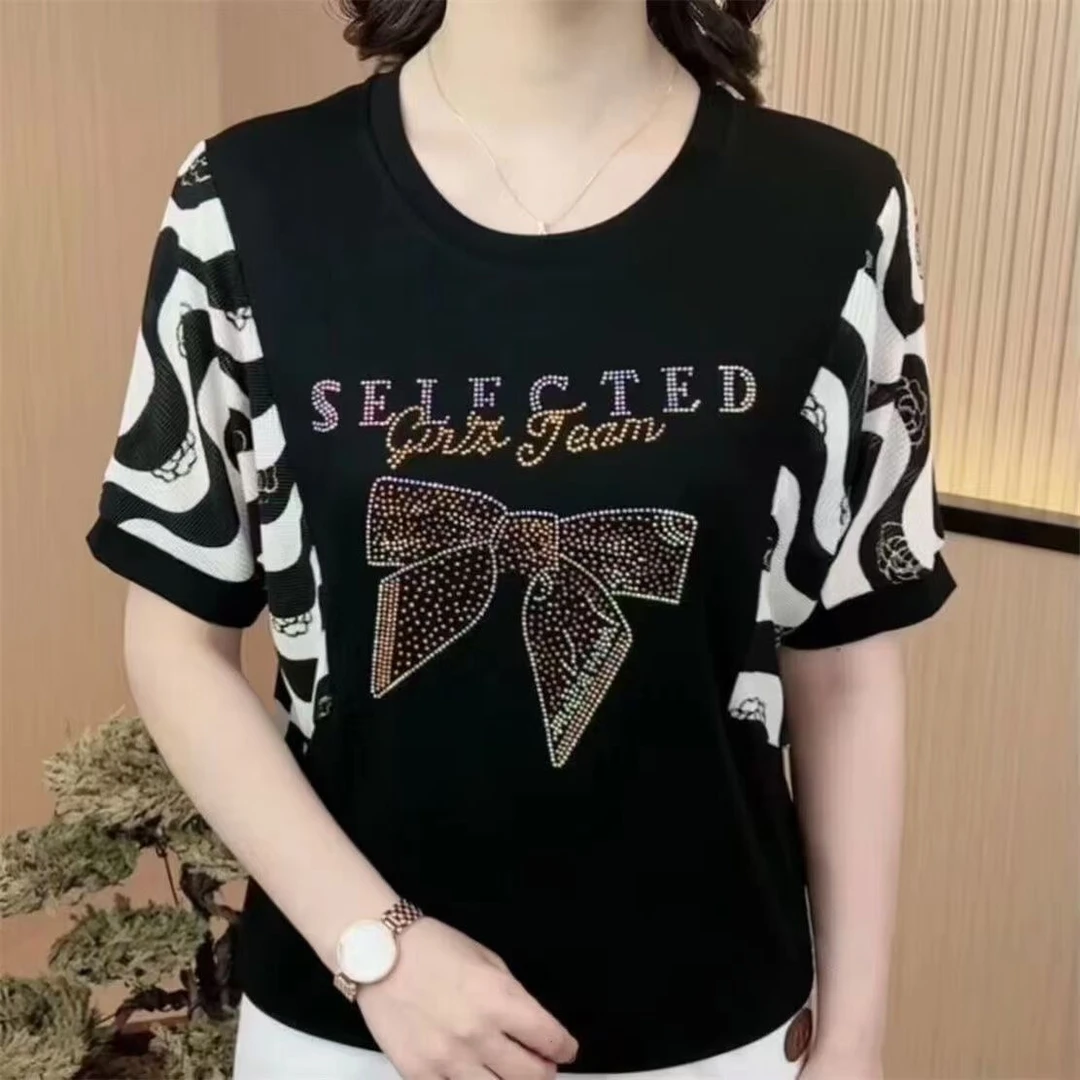 夏季新女士T恤短袖遮肉宽松中年妈妈2024烫钻高级女装显瘦打底衫