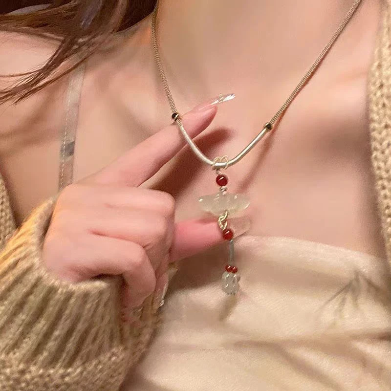 合金项链 新中式莲花流苏吊坠女古风高级感手工编织颈链国风旗袍