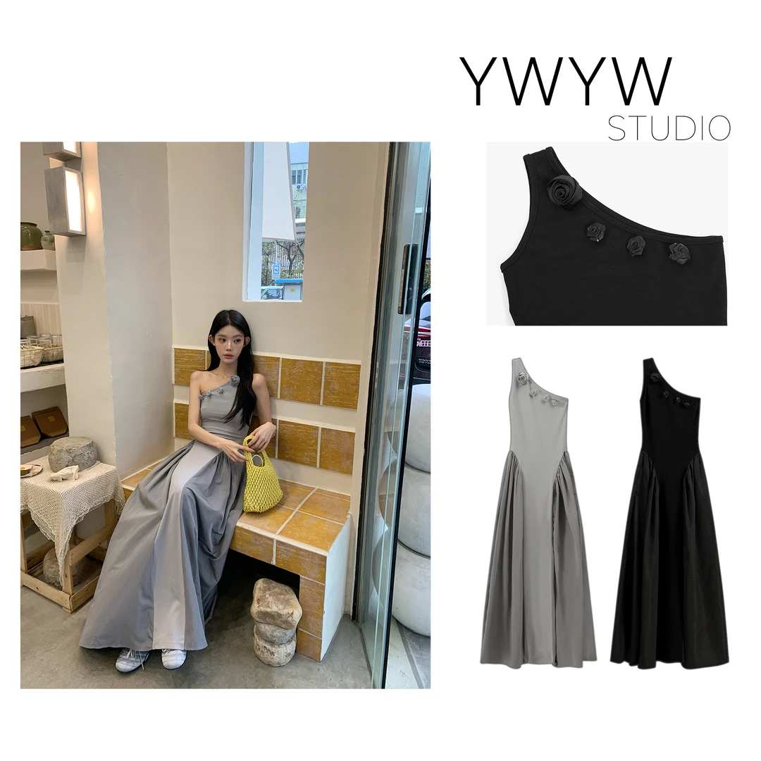 【YWYW25S/S】春夏斜肩气质玫瑰胸针一体配饰修身连衣长裙5130