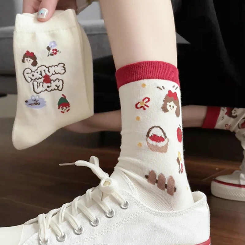 中筒袜白色女袜2025春秋季可爱卡通少女堆堆棉袜百搭外穿运动长袜