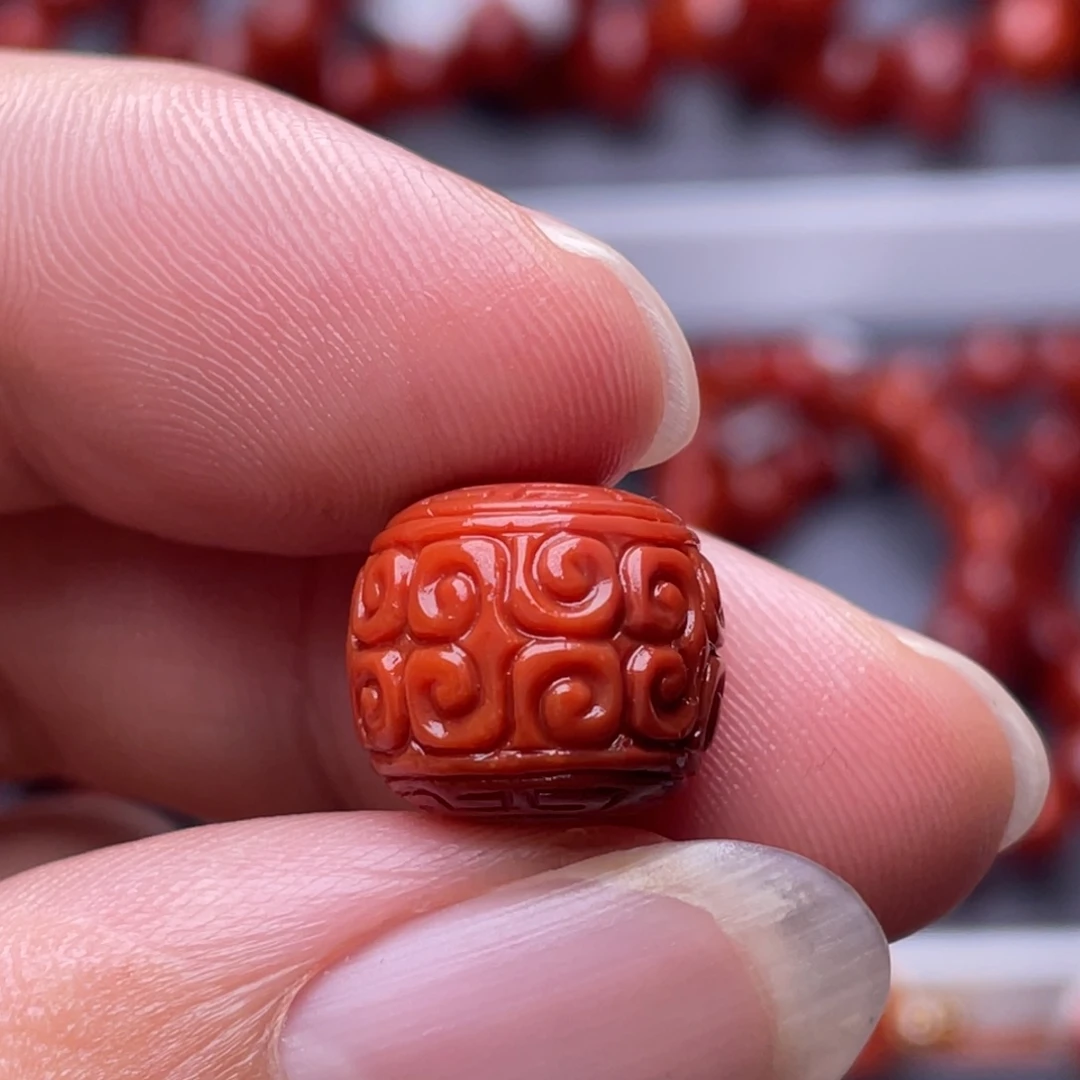 南红玛瑙未镶嵌南红玉石13.4mm瓦西锦红满色满肉精工雕刻回纹单珠