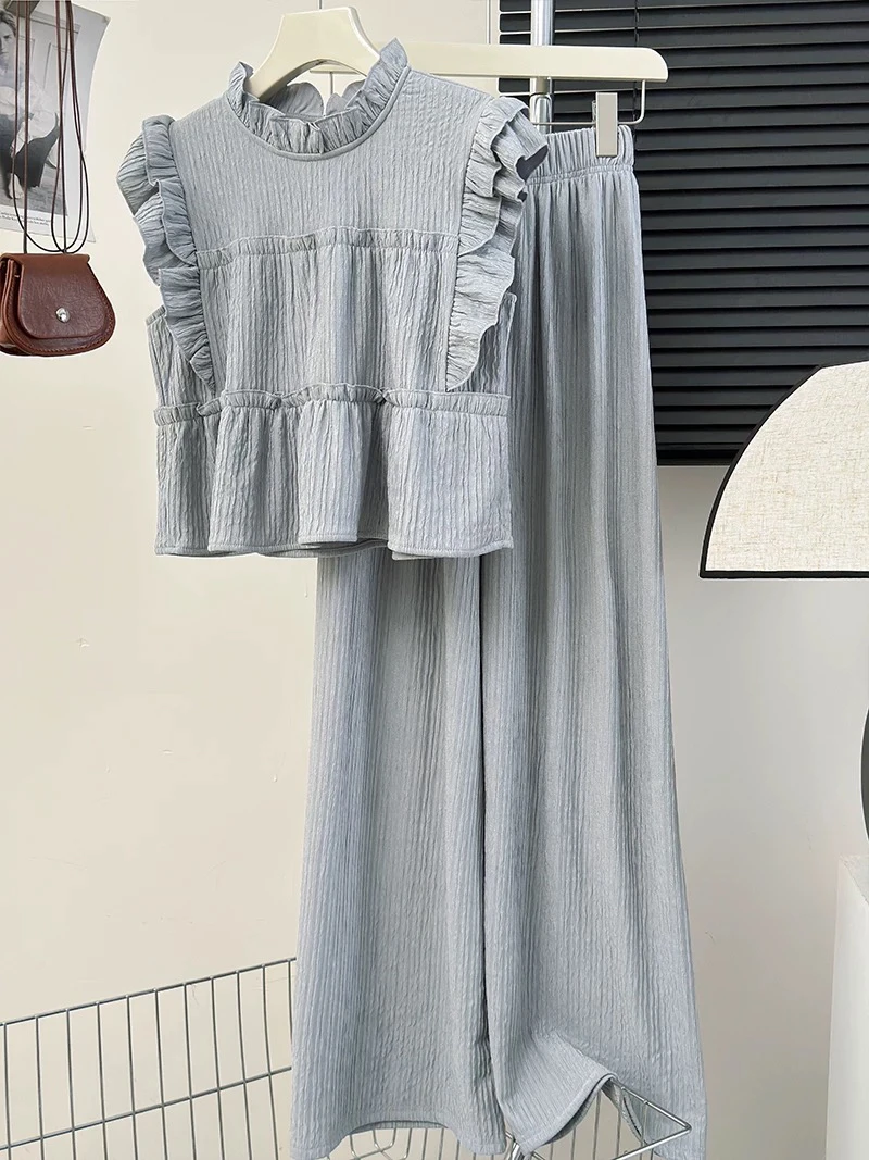 208【两件套】高级复古韩系纯色设计款凉感时尚套装（LZZZ019）