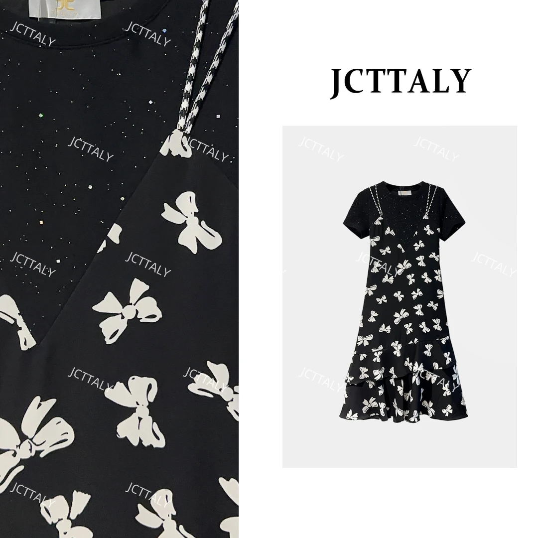 【宠粉价】夏季A字裙大码连衣裙拼接短袖V领中腰常规中长裙JC-A4058