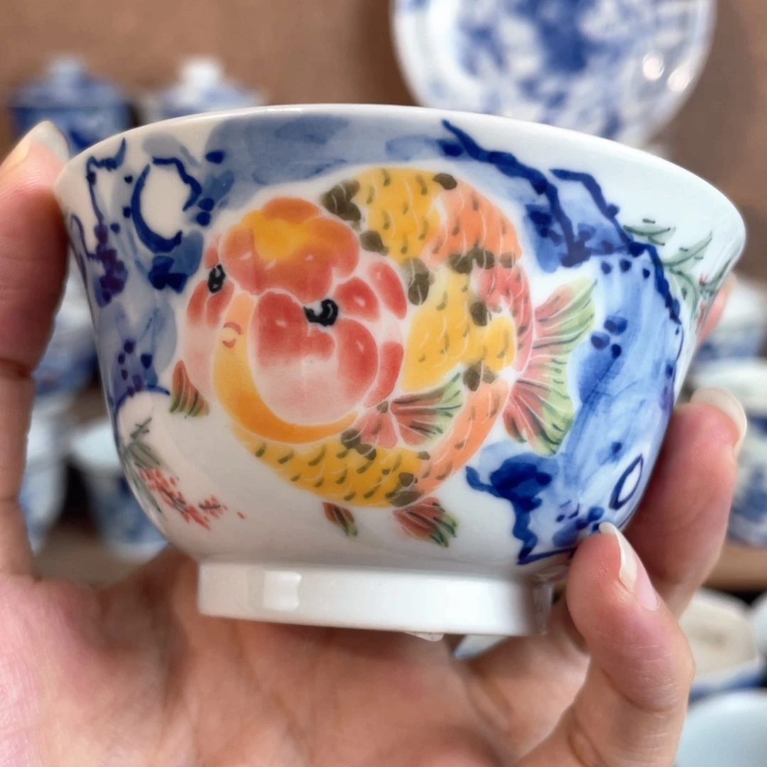 泥藝瓷梦兰寿金鱼撇口杯