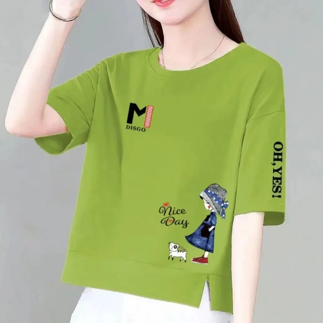 夏季新款纯棉短袖T恤女装圆领洋气短款开叉别致百搭宽松显瘦上衣