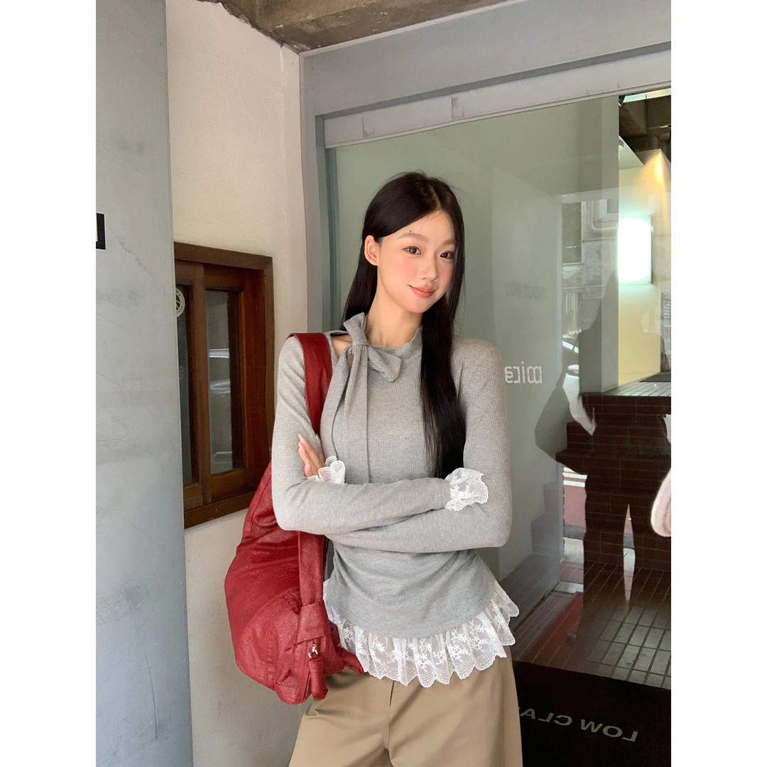 【雾都甜心T恤】秋季韩系蝴蝶结飘带蕾丝甜美可露丽风T恤253X3064