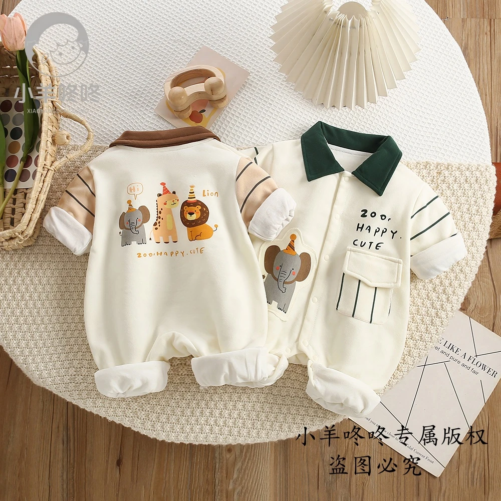 春秋款帽帽象的森林派对哈衣条纹翻领可爱卡通男女宝婴幼儿连体衣