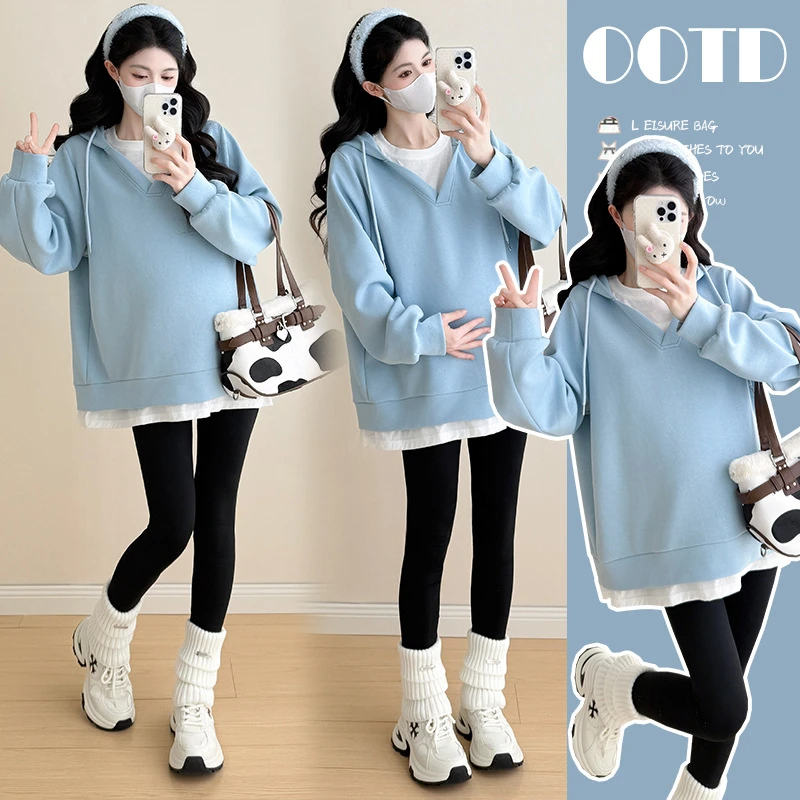 孕妇装秋季新款慵懒风假两件连帽卫衣宽松显瘦遮肚长袖上衣