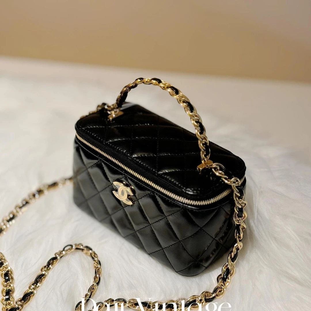 99新 Chanel/香奈儿 大吉中古/黑金皮穿链手柄长盒子