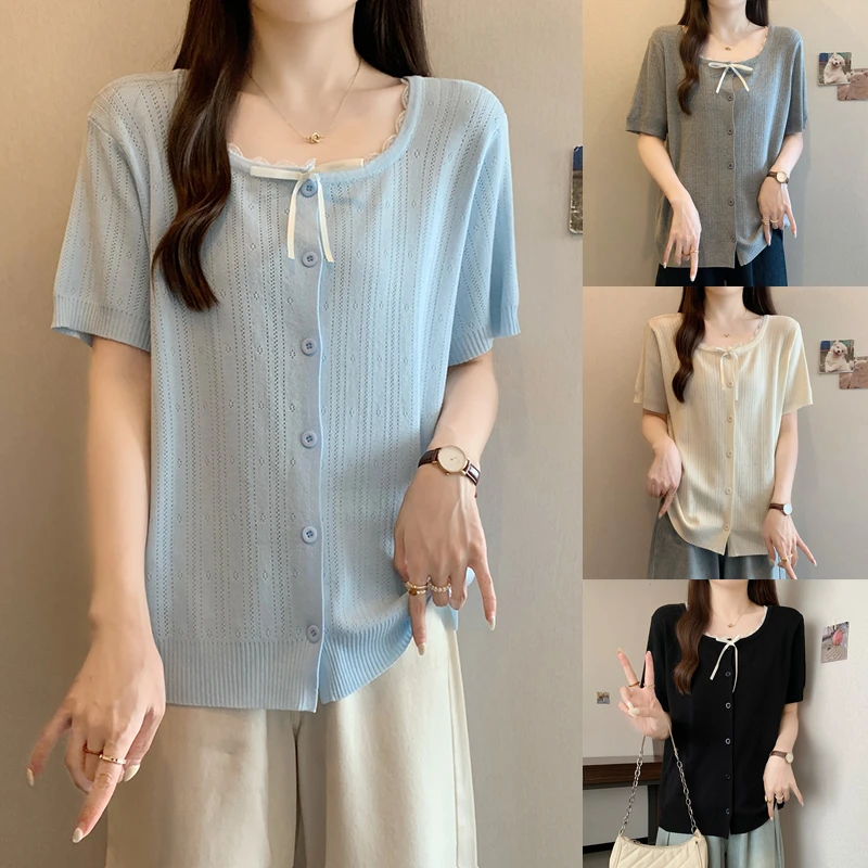 大码女装2025夏装新款宽松显瘦针织上衣胖mm百搭冰丝短袖T恤50094