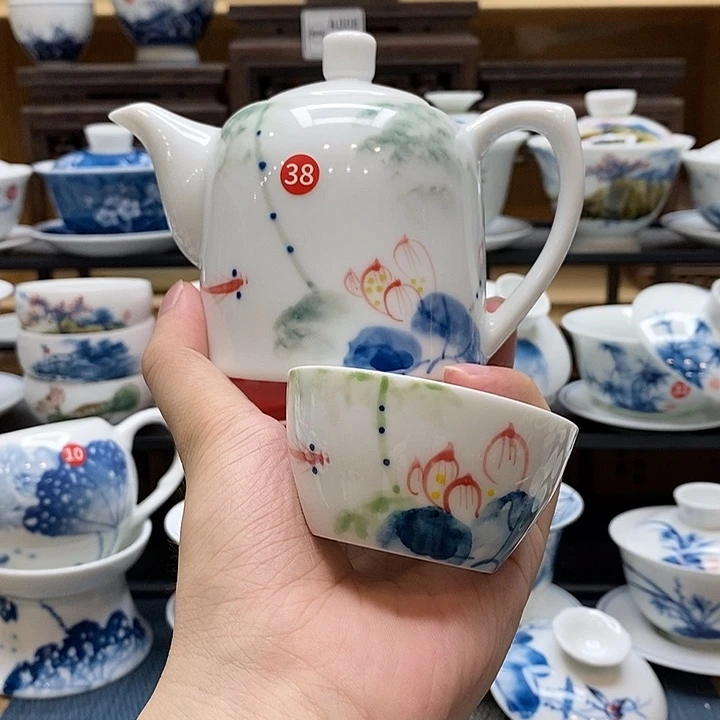 ****。手绘五彩荷花茶壶➕主人杯釉下彩微瑕福利款