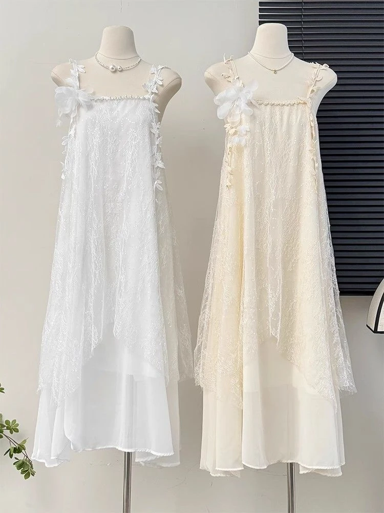 海边沙滩裙子夏季新款法式花朵精致时尚修身显瘦吊带流苏连衣裙女