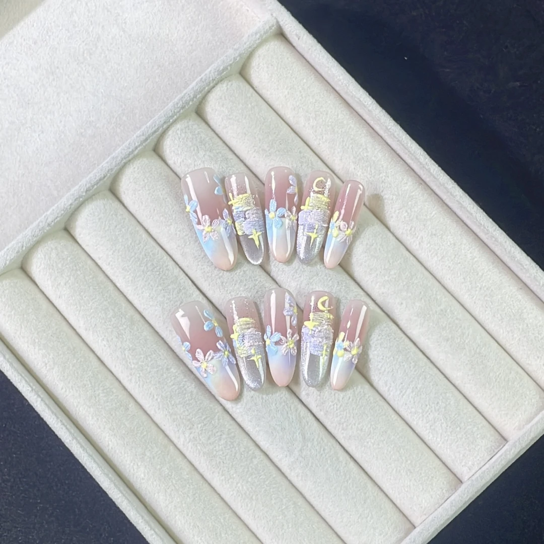 繁花-新款夏日穿戴油画显白温柔多巴胺ins高级美甲猫眼手工穿戴甲