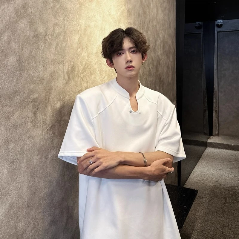 白色u领正肩t恤男款夏季重磅cleanfit垫肩短袖痞帅性张力穿搭半袖