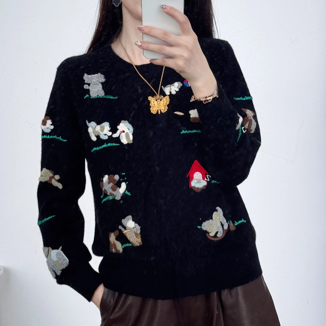 【卡诗米羊绒】25139刺绣小狗开衫时尚山羊绒100%女款针织宽松上衣