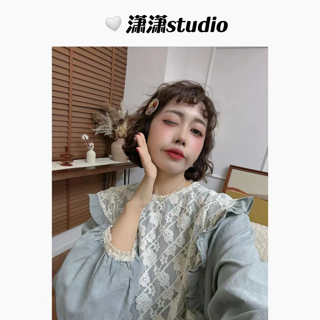 【韩系天花板】潇潇自制胸前蕾丝设计泡泡袖圆领胖瘦可穿衬衣XM1024