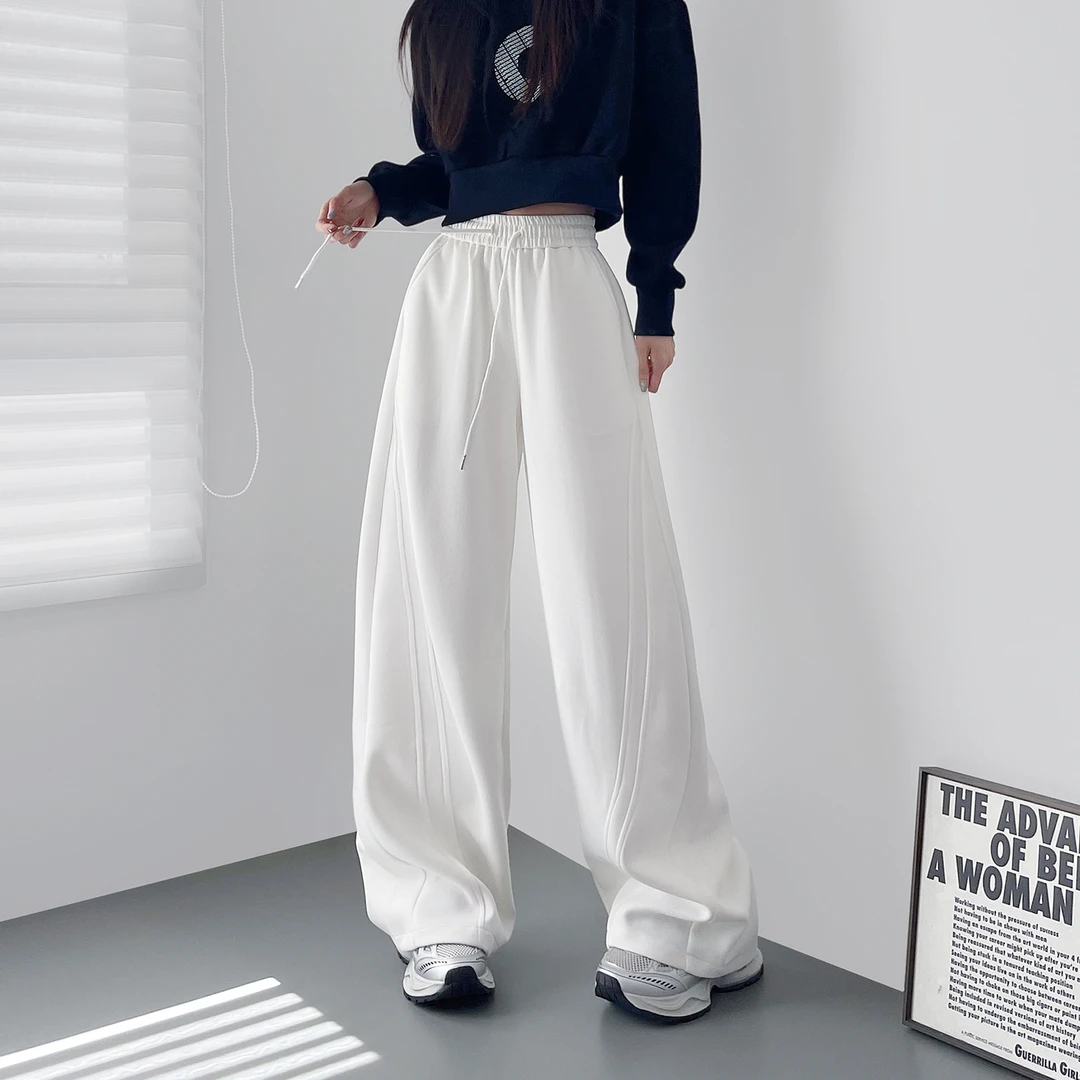 大码白色奶芙慵懒风运动卫裤女秋冬季胖mm显瘦宽松休闲阔腿弯刀裤