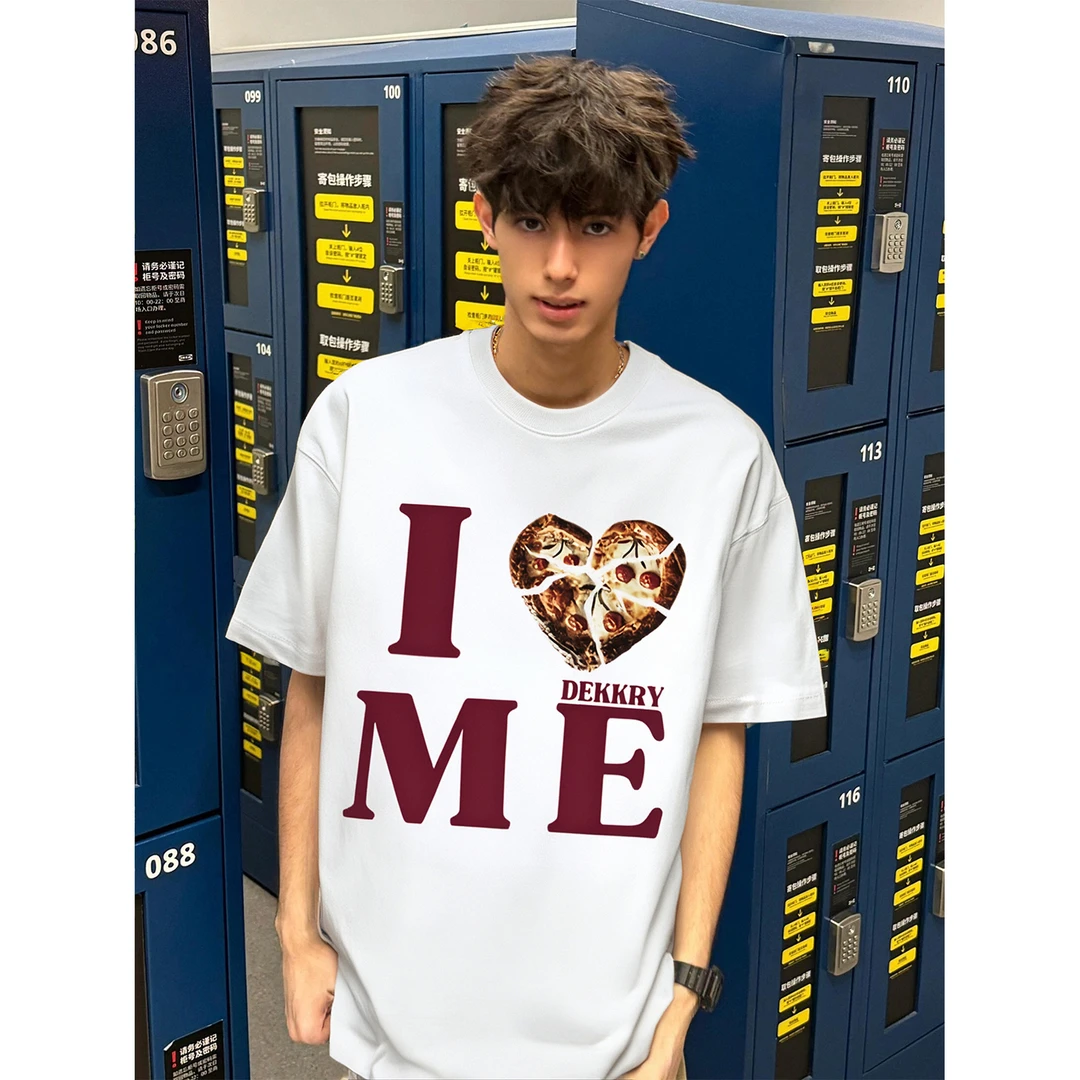 100%纯棉美式个性披萨字母印花短袖T恤男女夏季百搭休闲情侣上衣