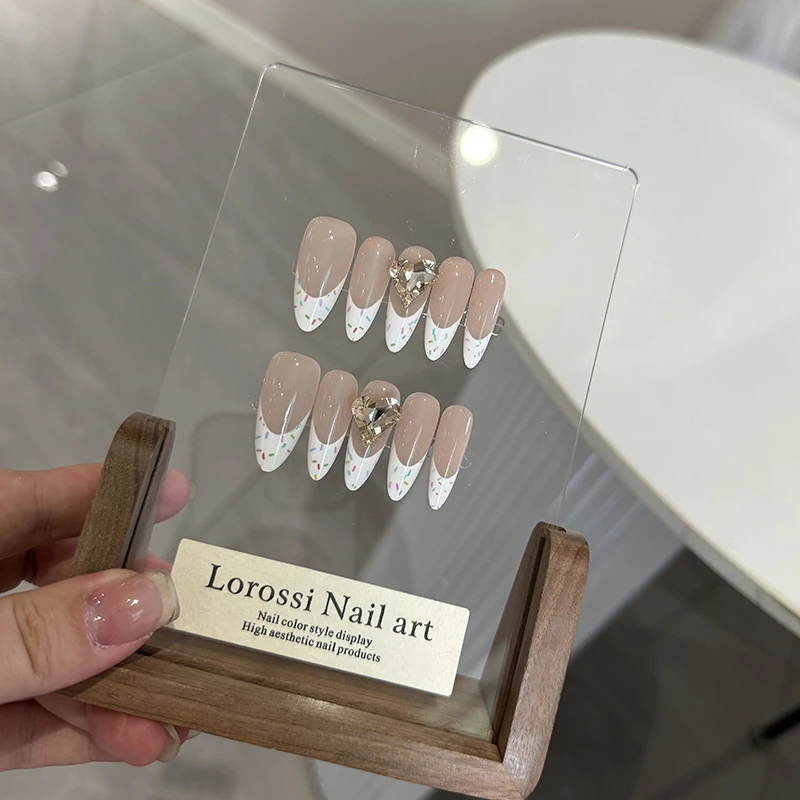 成品法式甜甜圈精品穿戴美甲长尖椭圆手工镶钻歪心甜美可爱假指甲