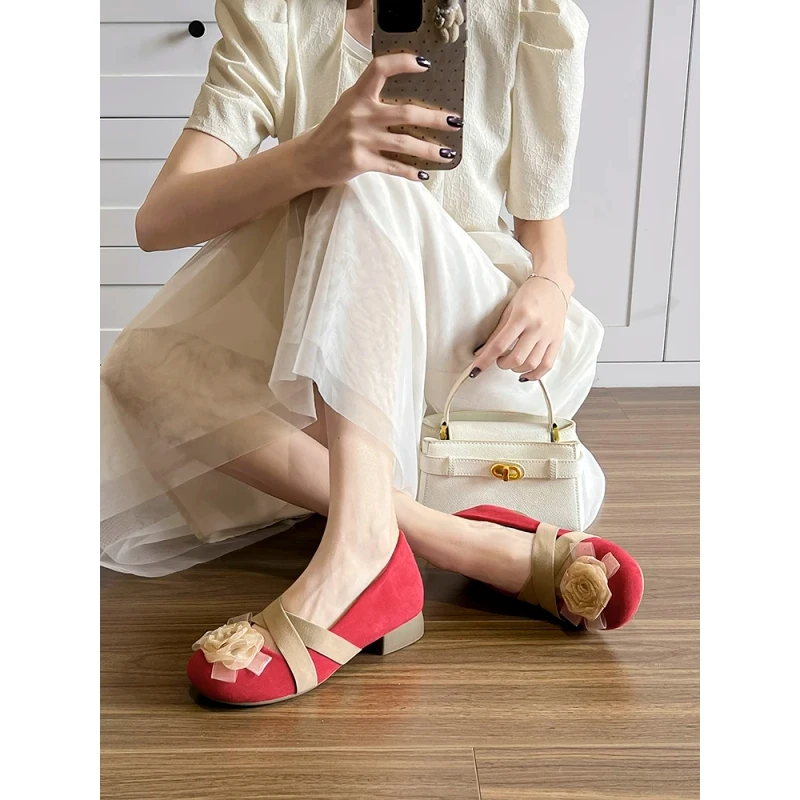 内增高6cm真皮玛丽珍鞋女款百搭花朵交叉带舒适软底芭蕾舞单鞋女